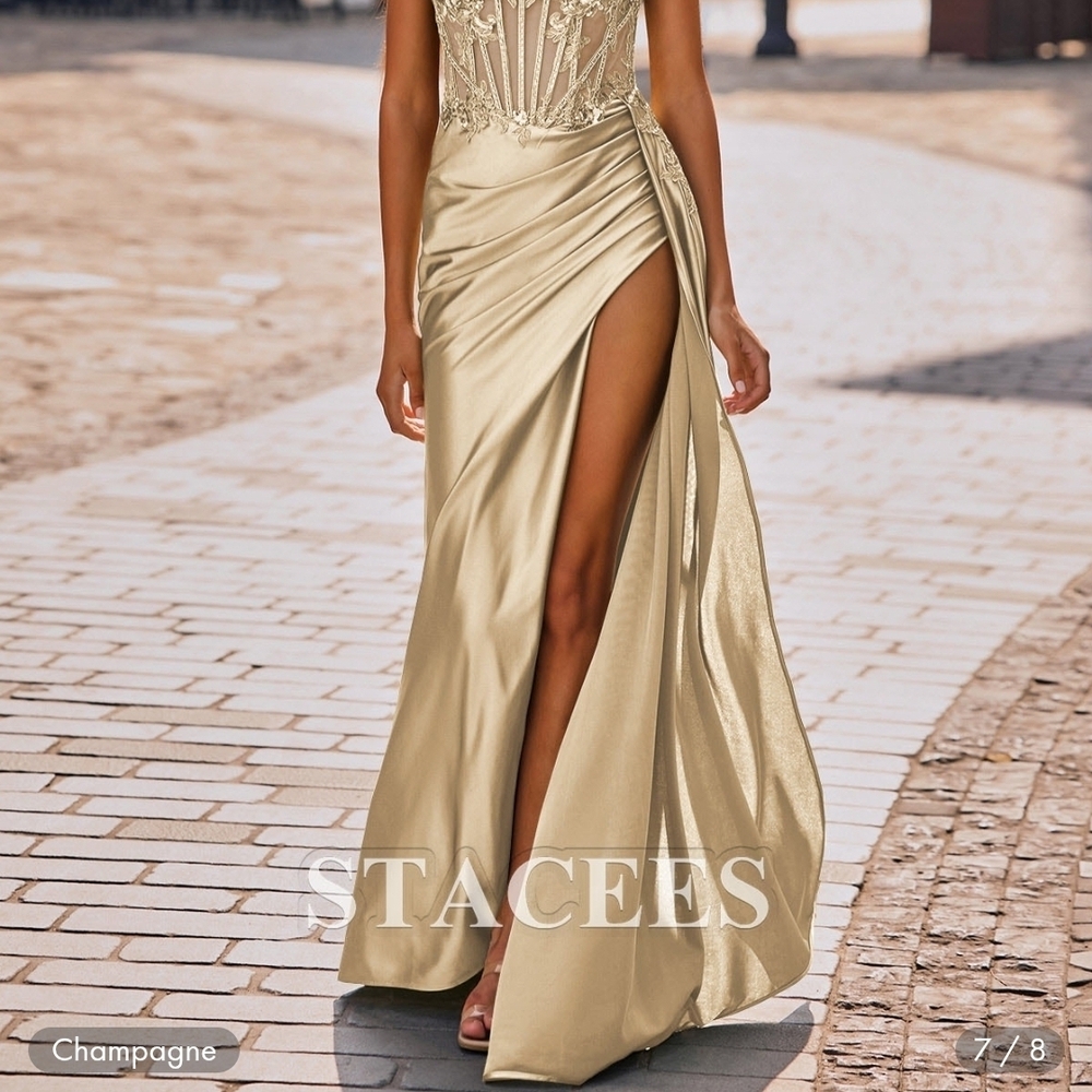 Stacees Elegant Gold Prom Dress with Slit